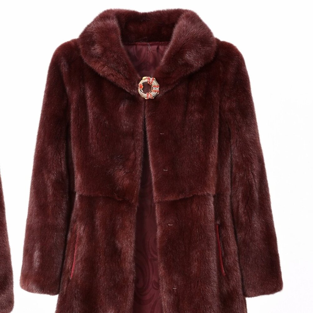 NEW Genuine Mink Fur Coat Burgundy Hooded Luxury Women Winter Jacket